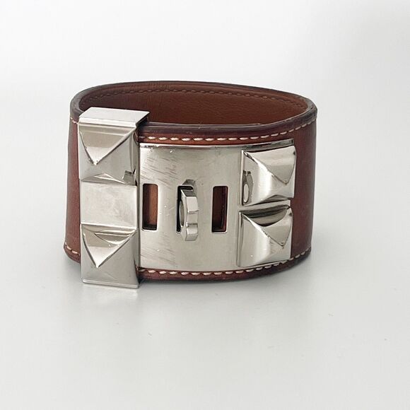 Hermès Collier De Chien CDC Bracelet Leather Brown Palladium Sz Small T1 Barenia - Picture 2 of 16